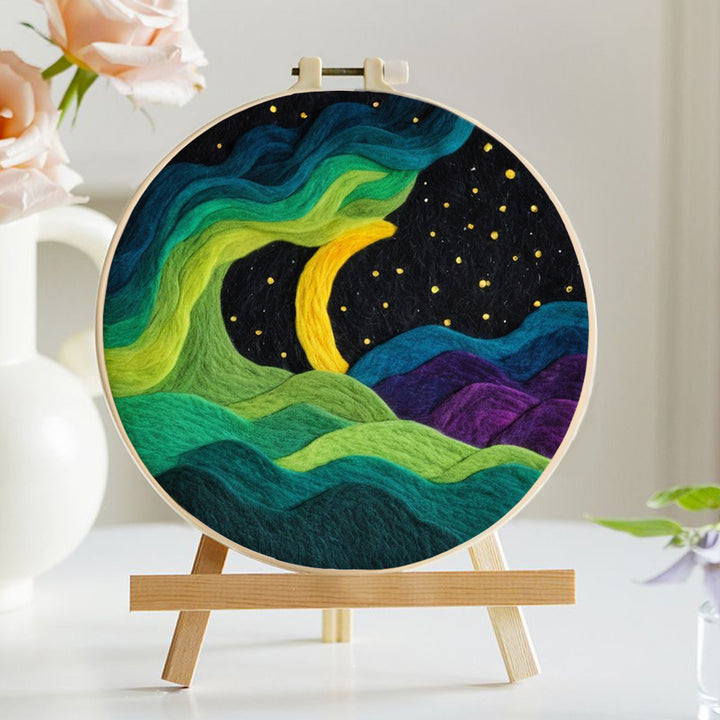 Starry Night Sky with Flowing Light and Hills Wool Needle Felting Painting Kit