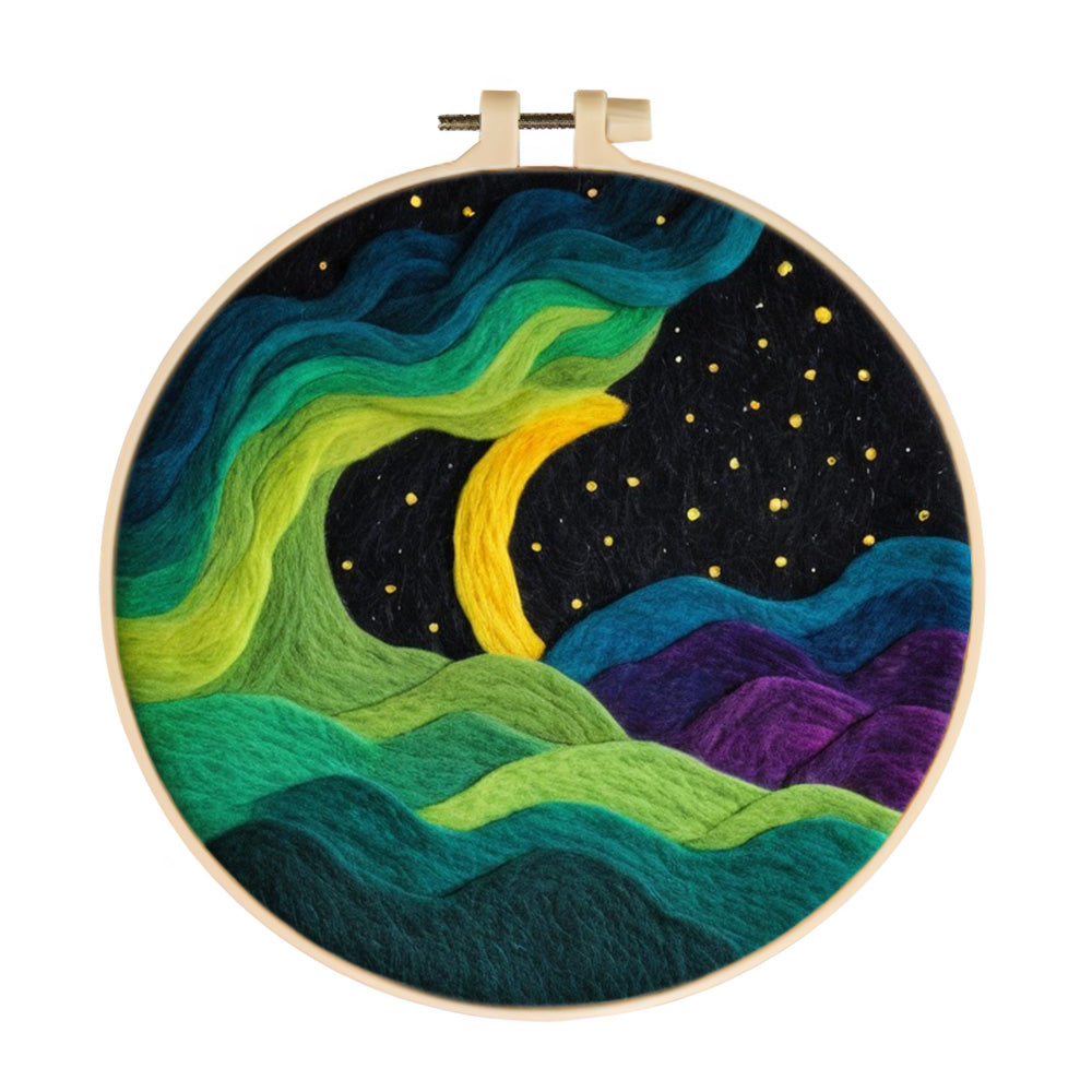 Starry Night Sky with Flowing Light and Hills Wool Needle Felting Painting Kit