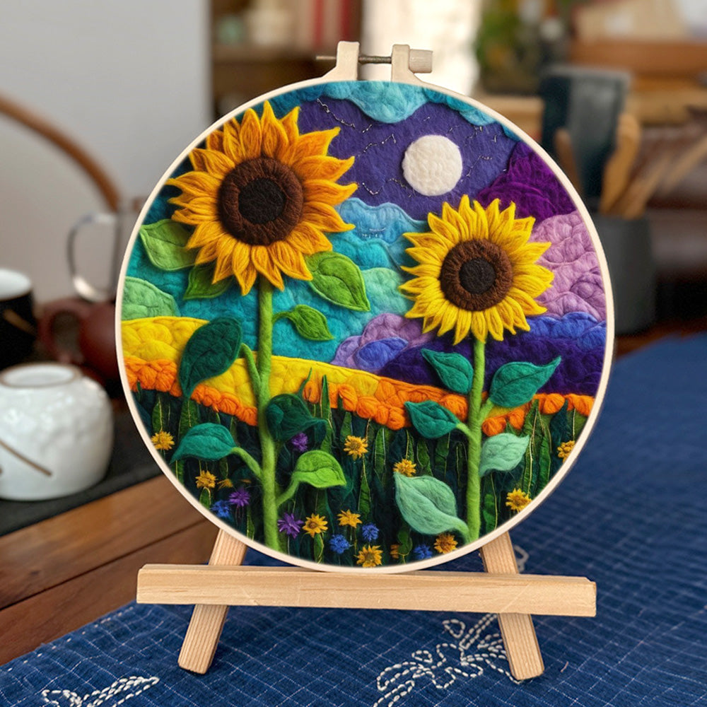 Golden Sunflowers across Colorful Evening Hills Wool Needle Felting Painting Kit