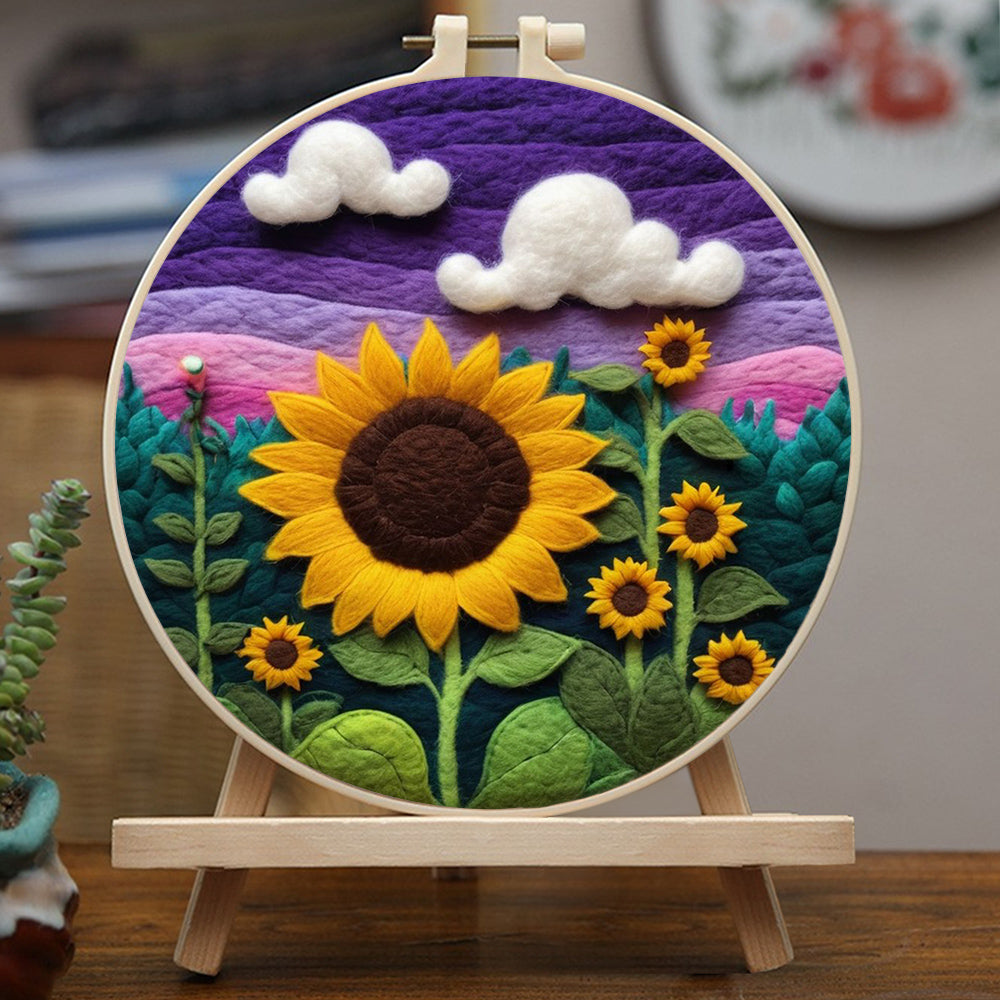 Golden Sunflowers Under a Soft Violet Sky Wool Needle Felting Painting Kit