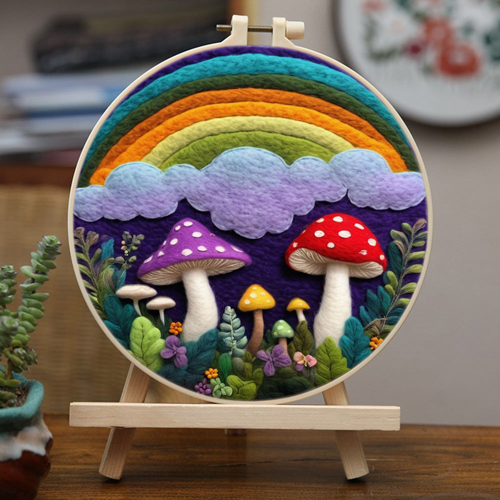 Whimsical Mushroom Garden under Rainbow Clouds Wool Needle Felting Painting Kit