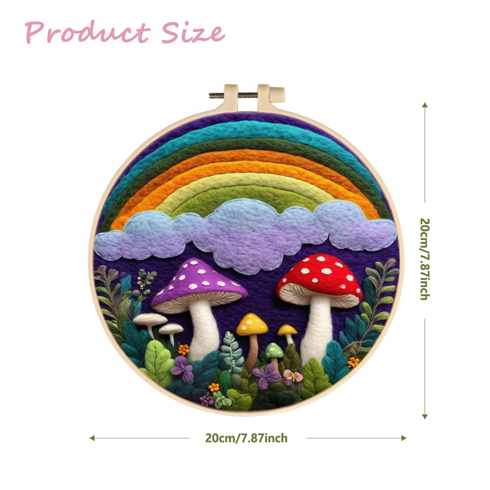 Whimsical Mushroom Garden under Rainbow Clouds Wool Needle Felting Painting Kit