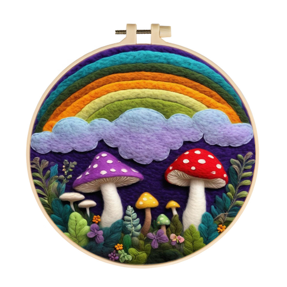 Whimsical Mushroom Garden under Rainbow Clouds Wool Needle Felting Painting Kit