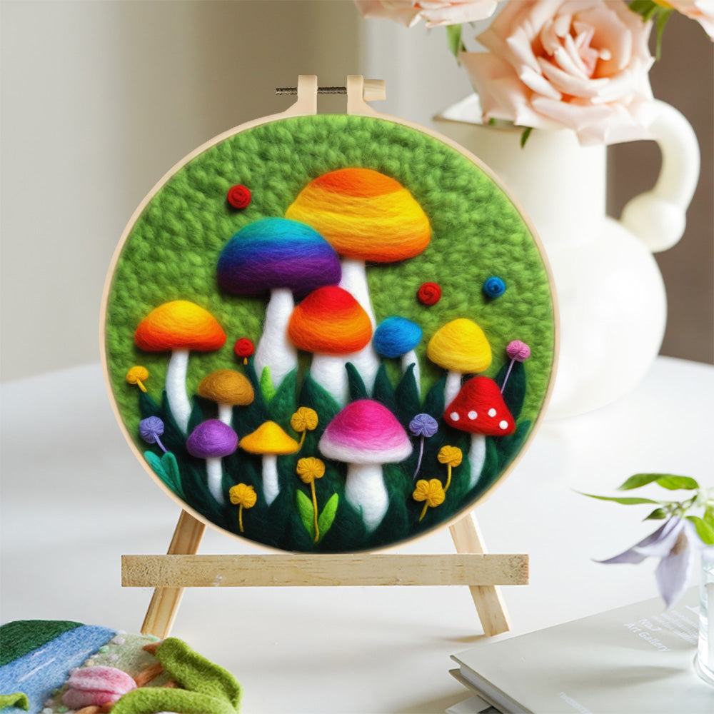 Colorful Mushrooms in a Green Meadow Wool Needle Felting Painting Kit