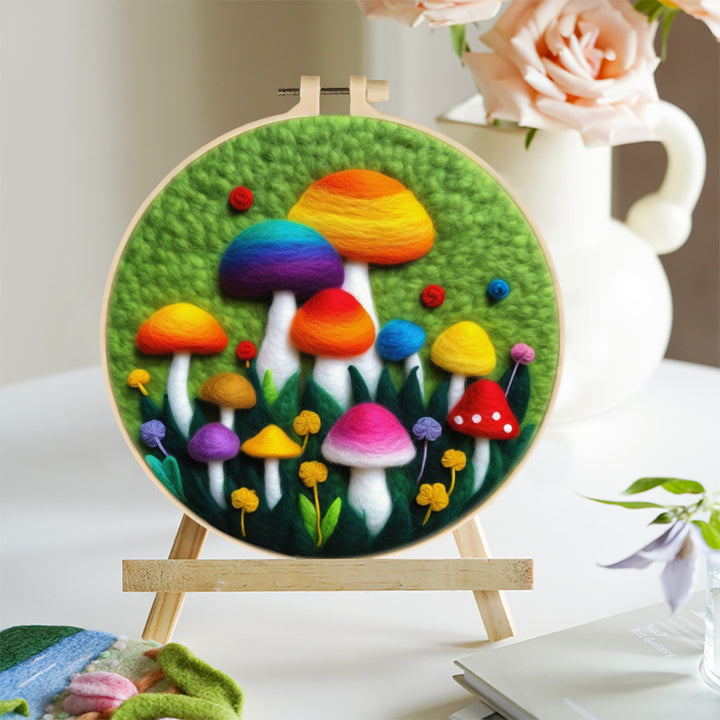 Colorful Mushrooms in a Green Meadow Wool Needle Felting Painting Kit