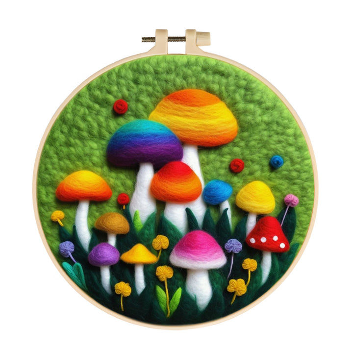 Colorful Mushrooms in a Green Meadow Wool Needle Felting Painting Kit