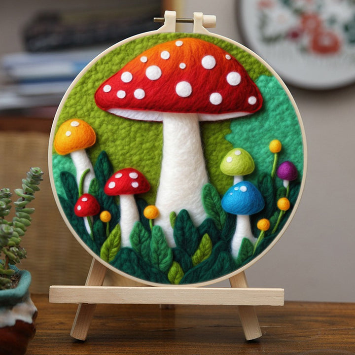 Whimsical Red Mushroom Forest Scene Wool Needle Felting Painting Kit