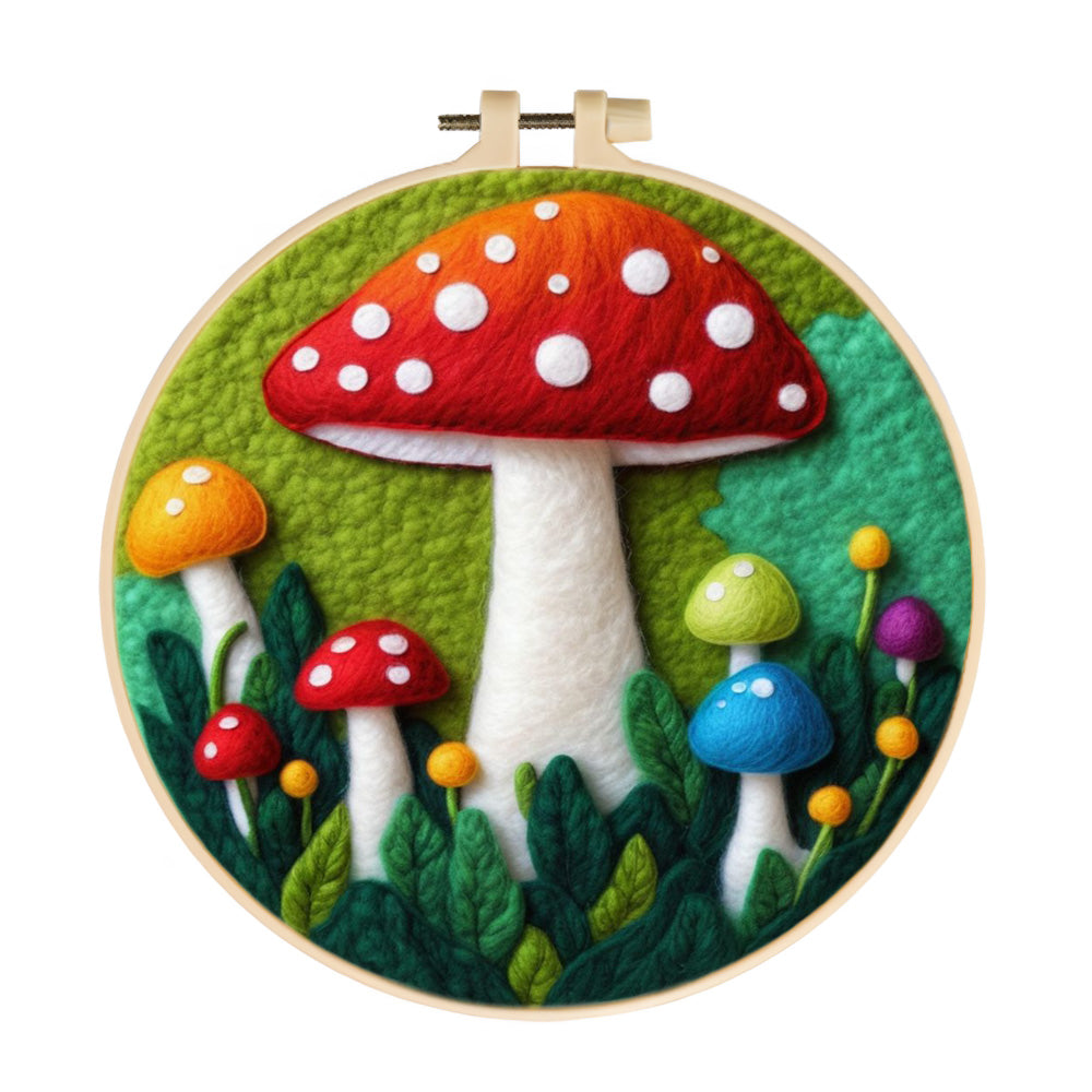 Whimsical Red Mushroom Forest Scene Wool Needle Felting Painting Kit