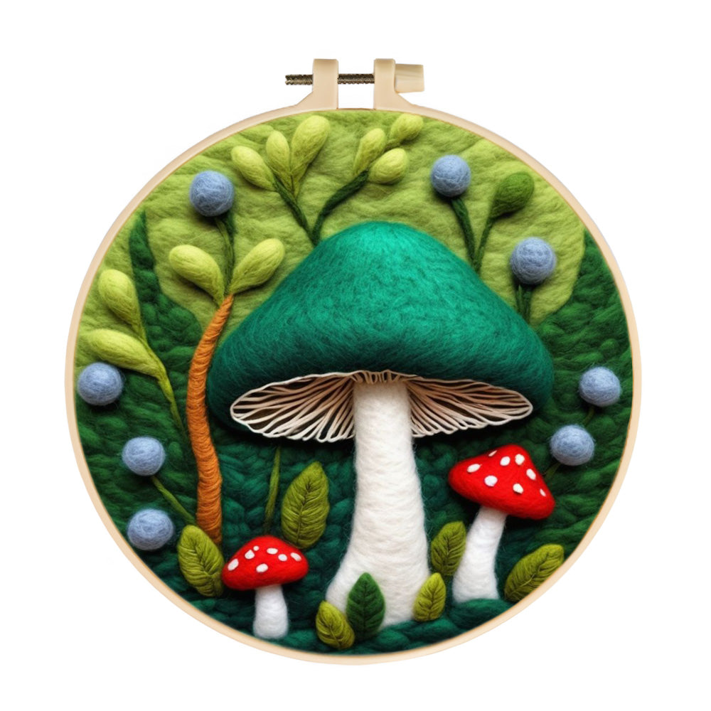 Green Mushroom with Soft Botanical Details Wool Needle Felting Painting Kit
