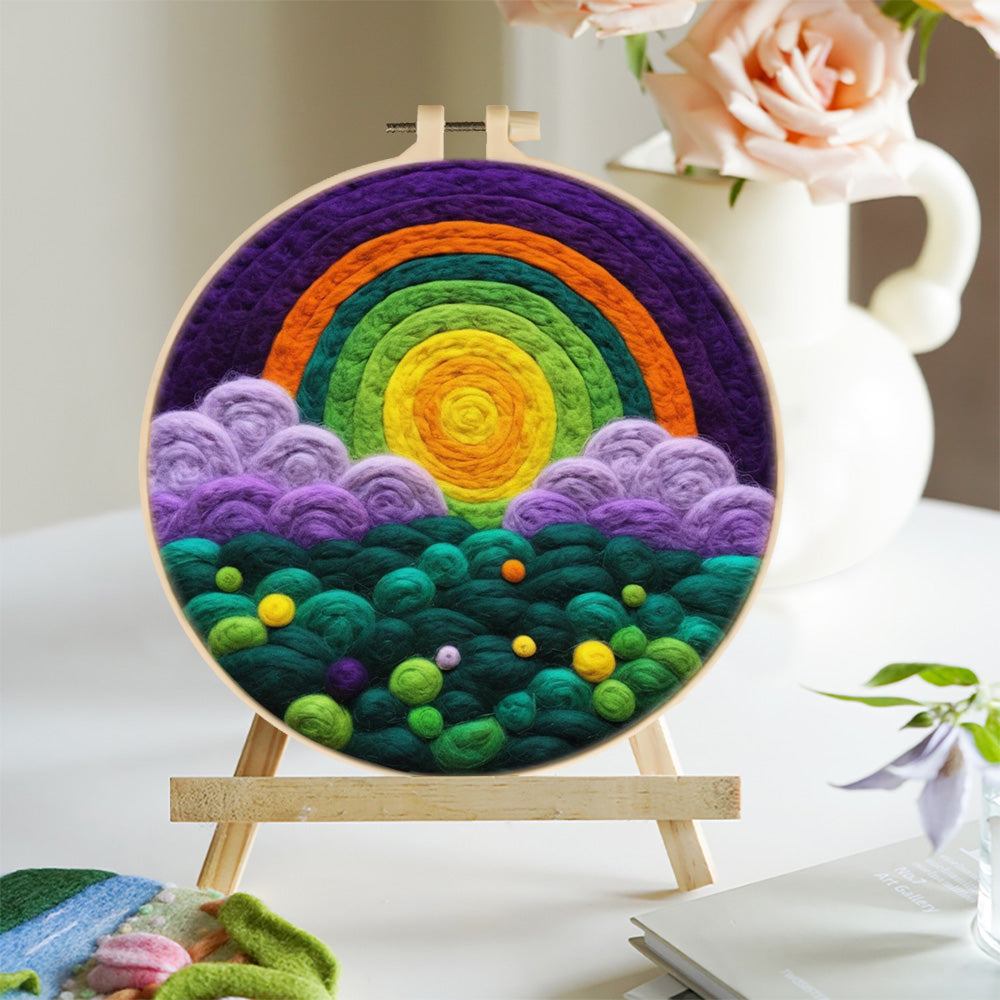 Golden Sun beneath a Layered Rainbow Wool Needle Felting Painting Kit