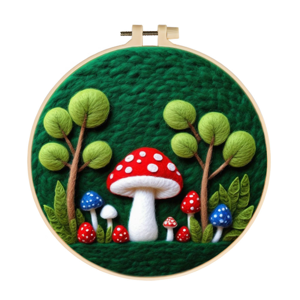 A Mushroom Forest Nestled in Greenery Wool Needle Felting Painting Kit