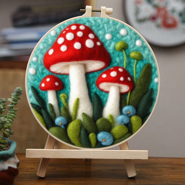 Red Spotted Mushrooms in Teal Garden Wool Needle Felting Painting Kit