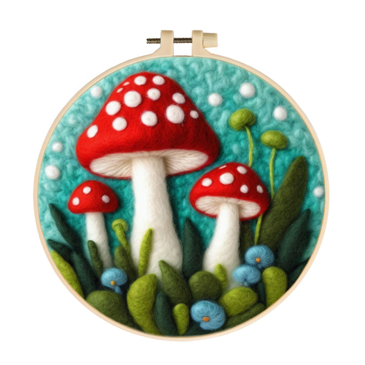 Red Spotted Mushrooms in Teal Garden Wool Needle Felting Painting Kit