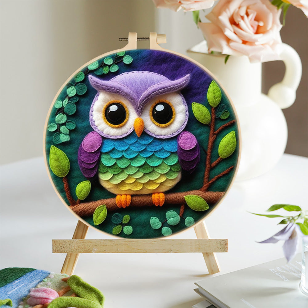Colorful Owl on Forest Branch Wool Needle Felting Painting Kit