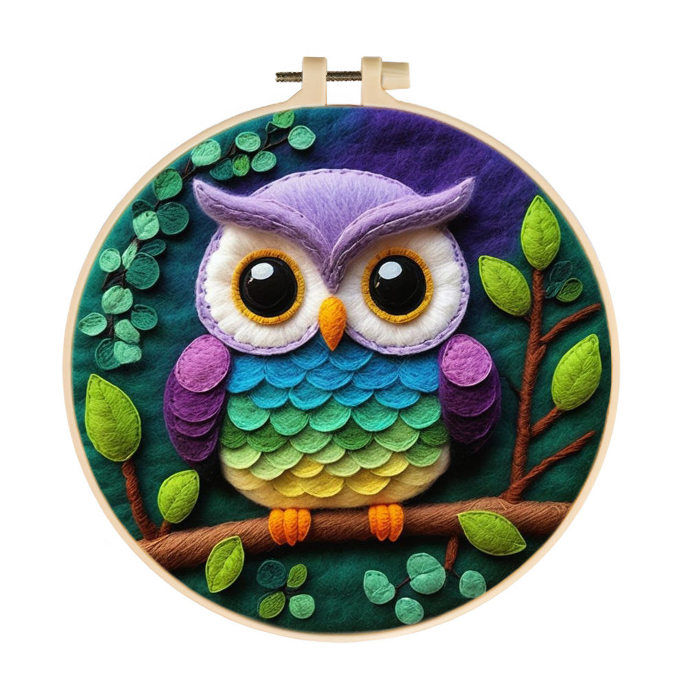 Colorful Owl on Forest Branch Wool Needle Felting Painting Kit