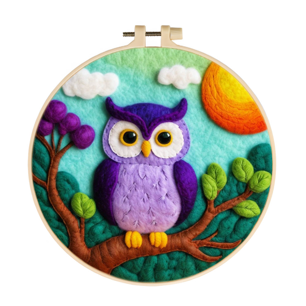 Purple Owl on Sunny Branch Wool Needle Felting Painting Kit