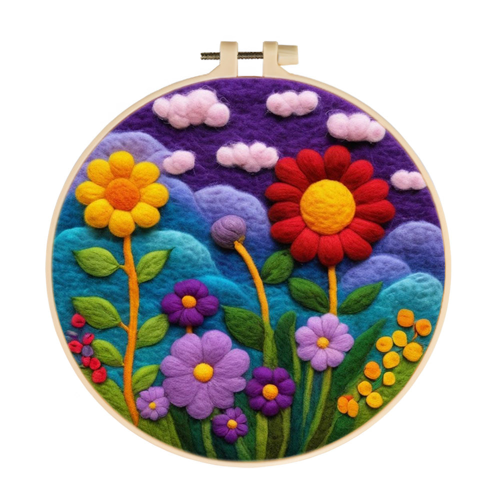 Colorful Flowers under Dreamy Purple Sky Wool Needle Felting Painting Kit