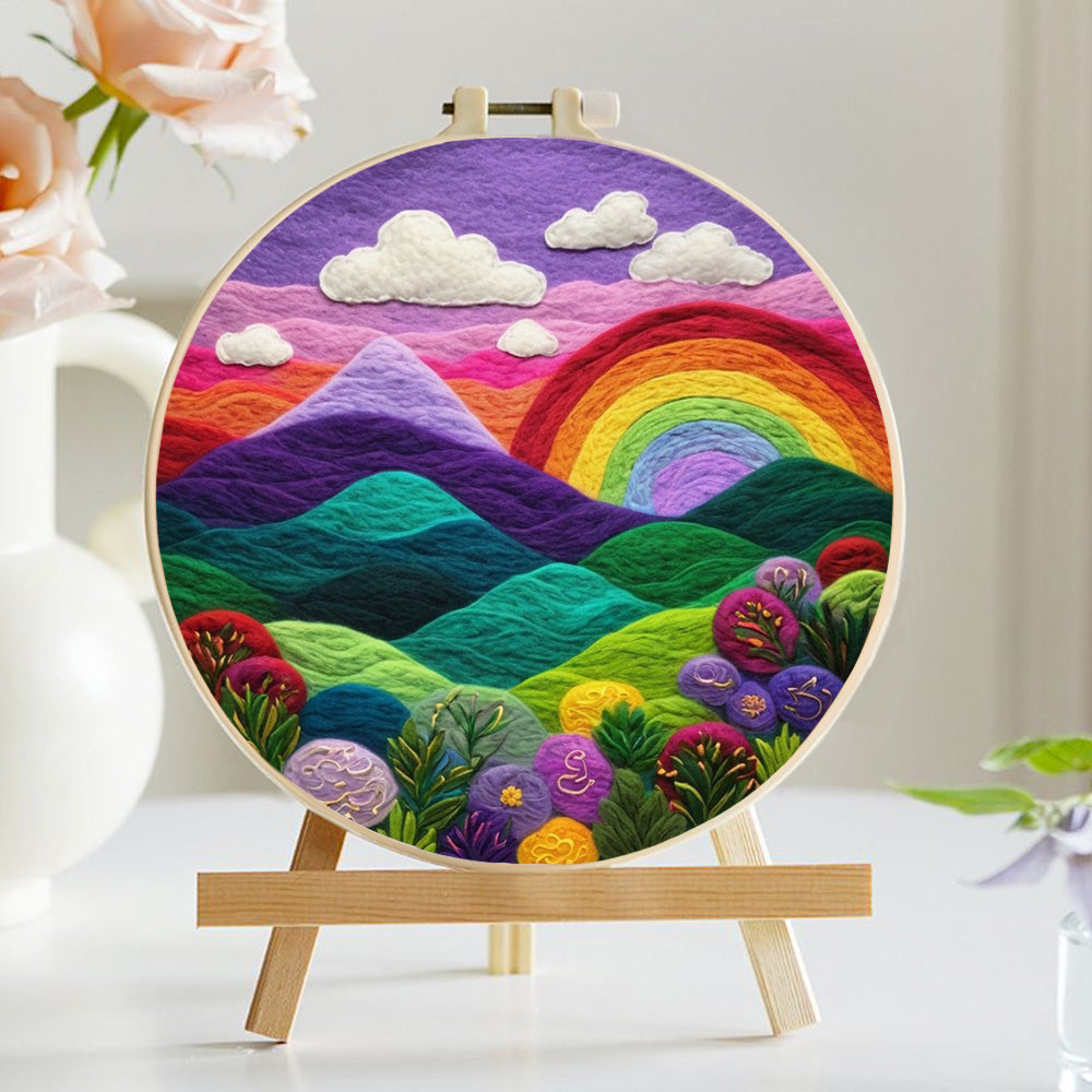 Hills and Blooming Flowers under a Rainbow Wool Needle Felting Painting Kit