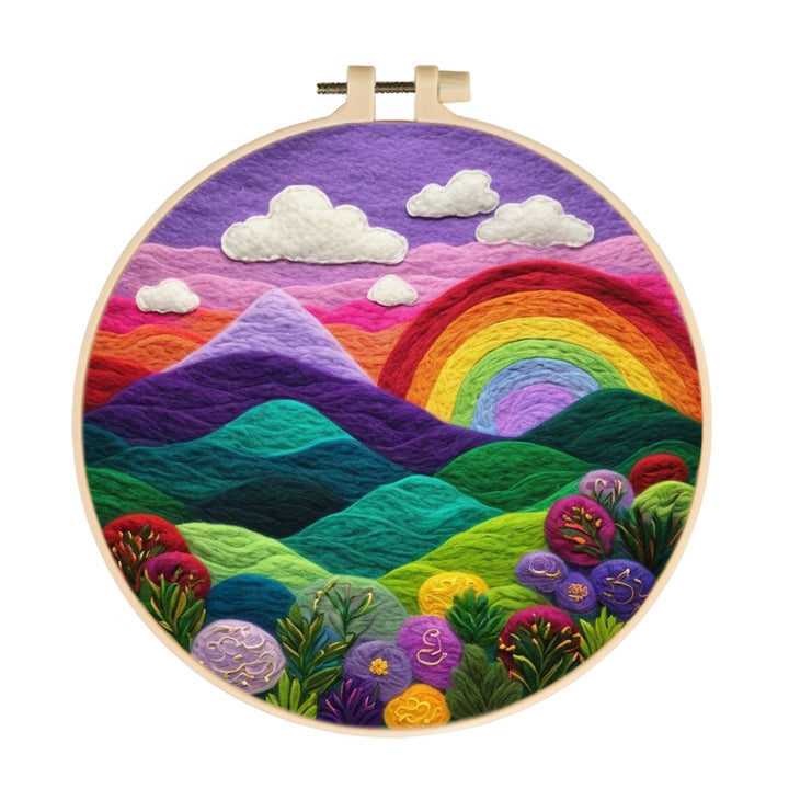 Hills and Blooming Flowers under a Rainbow Wool Needle Felting Painting Kit