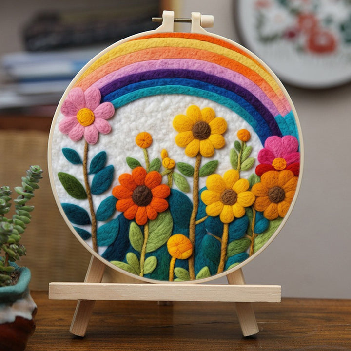 Colorful Flowers beneath a Gentle Rainbow Wool Needle Felting Painting Kit