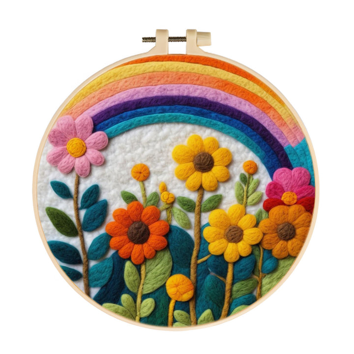 Colorful Flowers beneath a Gentle Rainbow Wool Needle Felting Painting Kit