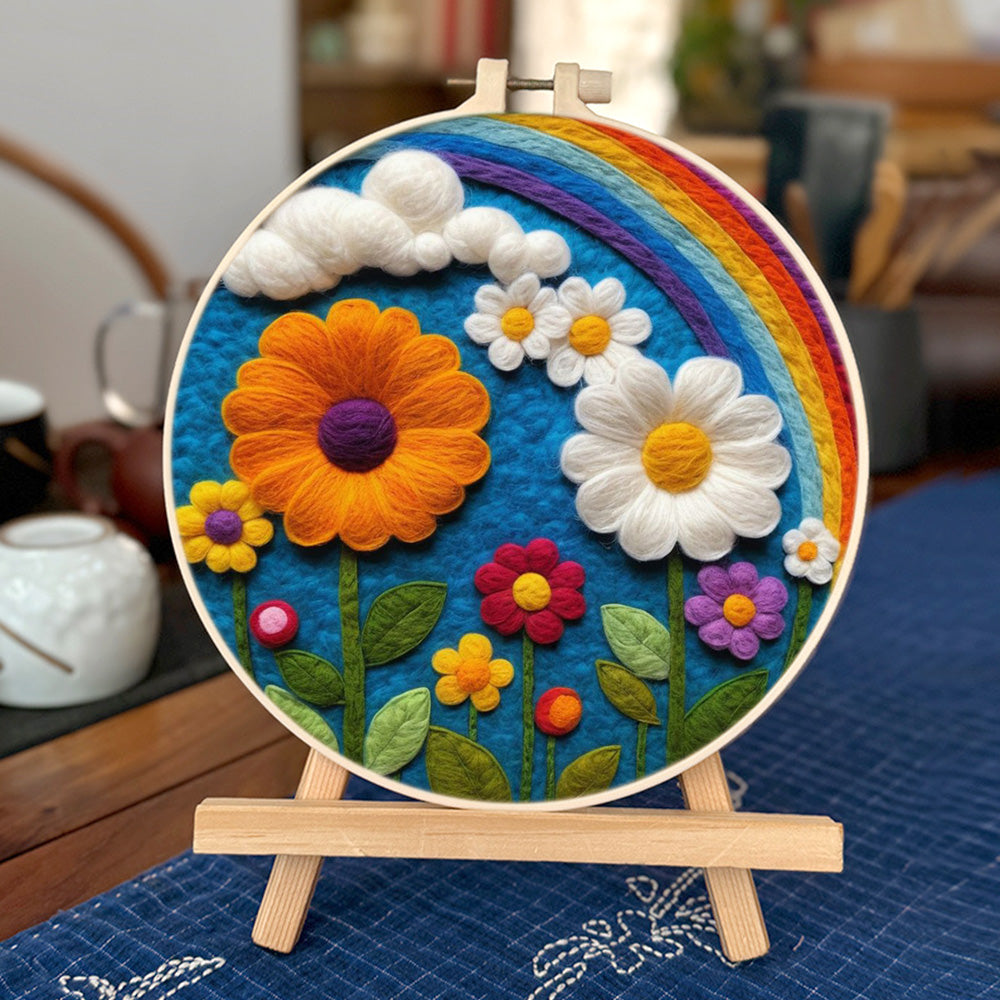 Colorful Flowers Bloom Beneath a Soft Rainbow Wool Needle Felting Painting Kit