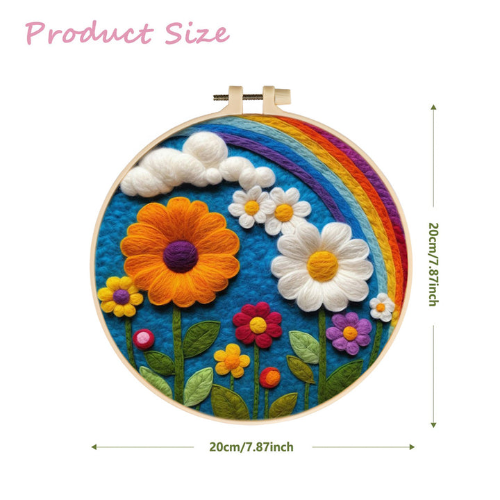 Colorful Flowers Bloom Beneath a Soft Rainbow Wool Needle Felting Painting Kit