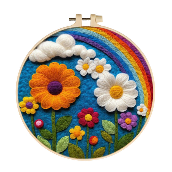 Colorful Flowers Bloom Beneath a Soft Rainbow Wool Needle Felting Painting Kit
