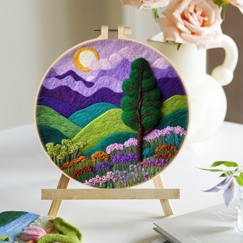 Valley Beneath Purple Sky with Tree and Flowers Wool Needle Felting Painting Kit