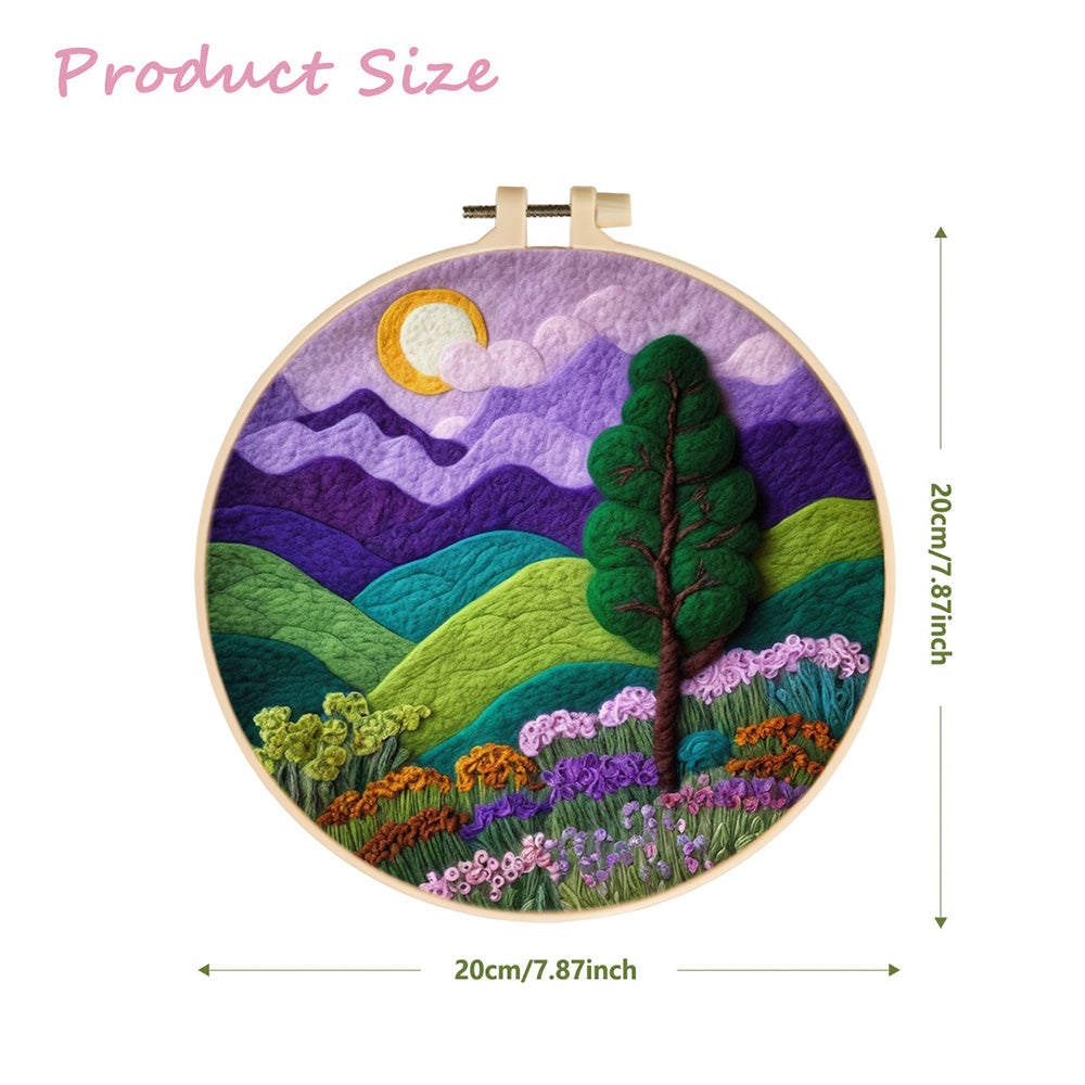 Valley Beneath Purple Sky with Tree and Flowers Wool Needle Felting Painting Kit
