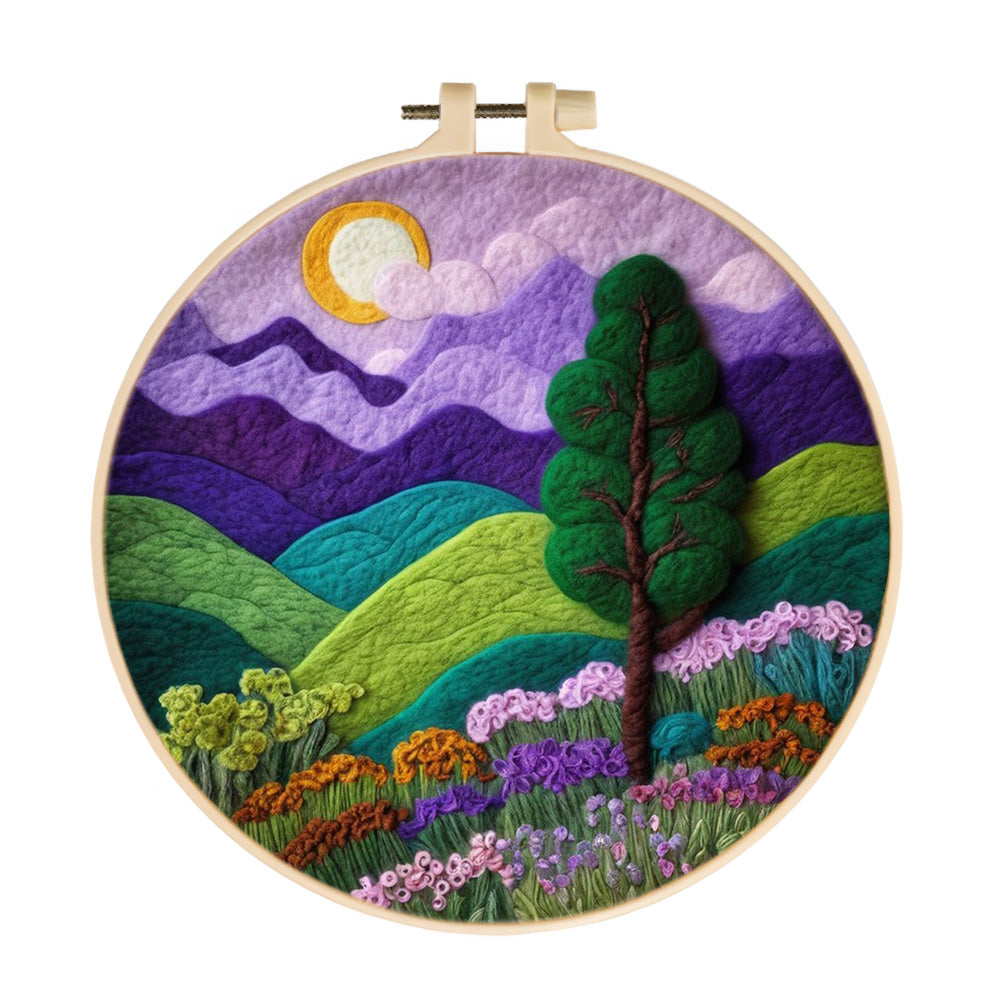 Valley Beneath Purple Sky with Tree and Flowers Wool Needle Felting Painting Kit