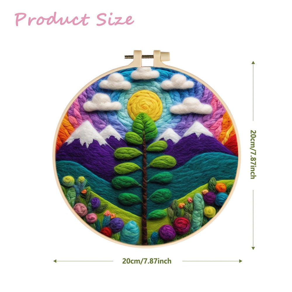 Central Tree Framed by Mountains and Sun Wool Needle Felting Painting Kit
