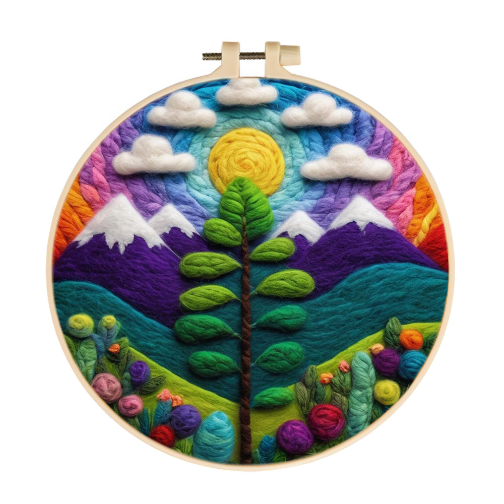 Central Tree Framed by Mountains and Sun Wool Needle Felting Painting Kit