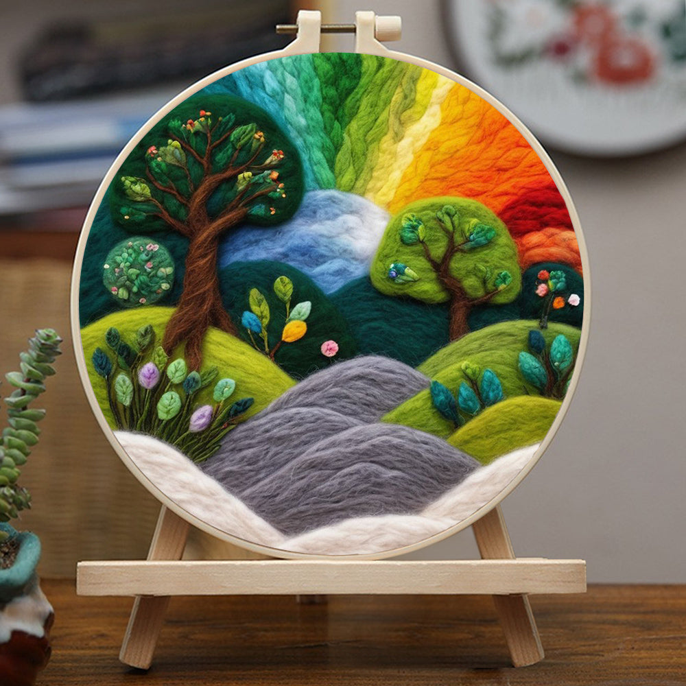 Rainbow Over Rolling Hills and Trees Wool Needle Felting Painting Kit