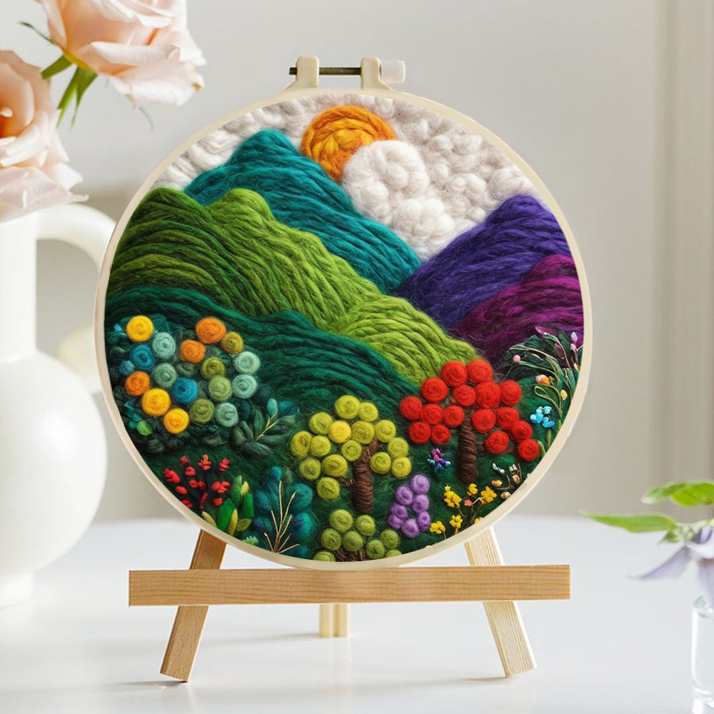 Mountain View with Vibrant Flowers and Sky Wool Needle Felting Painting Kit