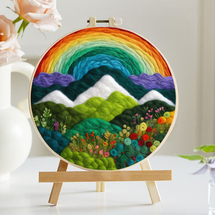 Rainbow Arching Above Mountains and Flowers Wool Needle Felting Painting Kit