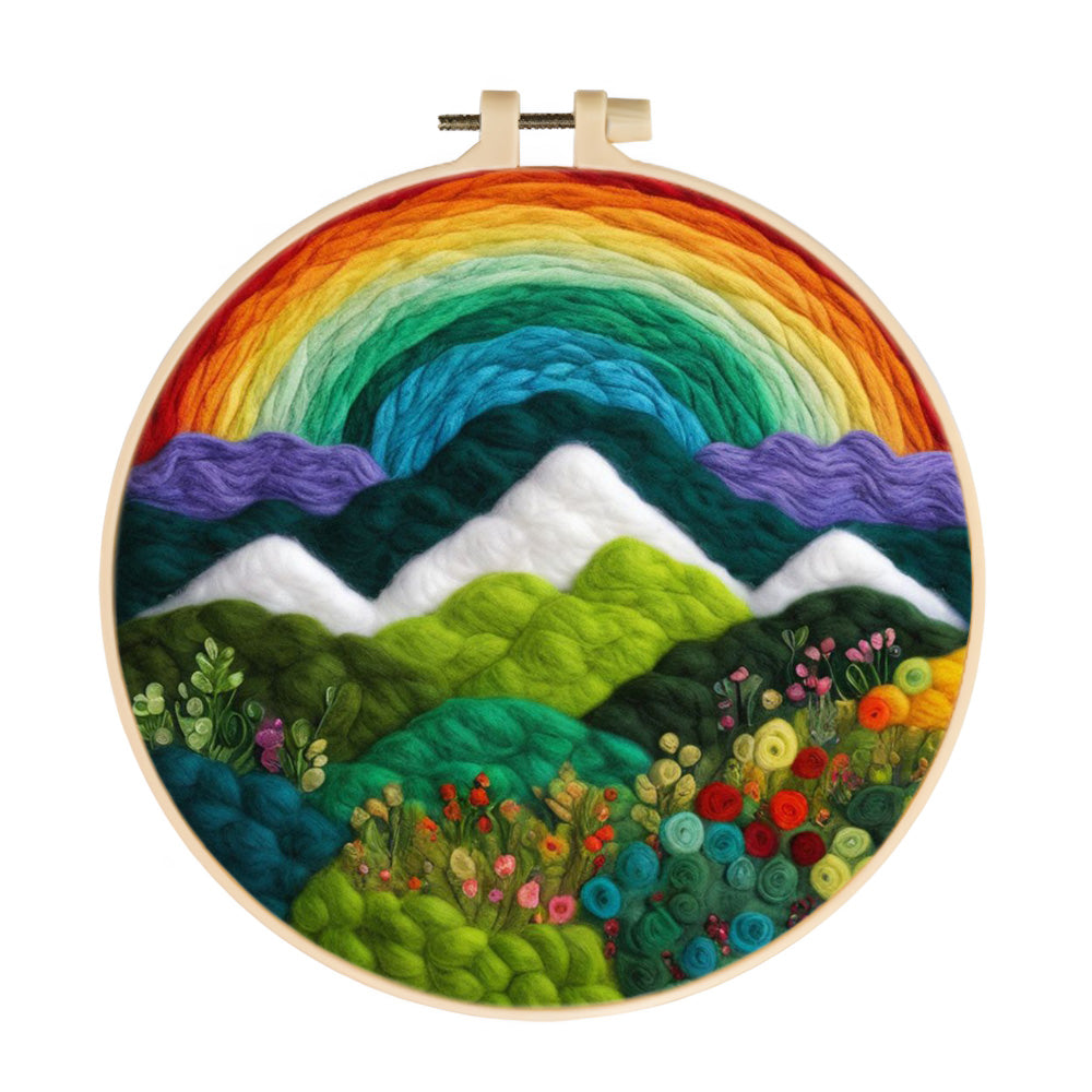 Rainbow Arching Above Mountains and Flowers Wool Needle Felting Painting Kit