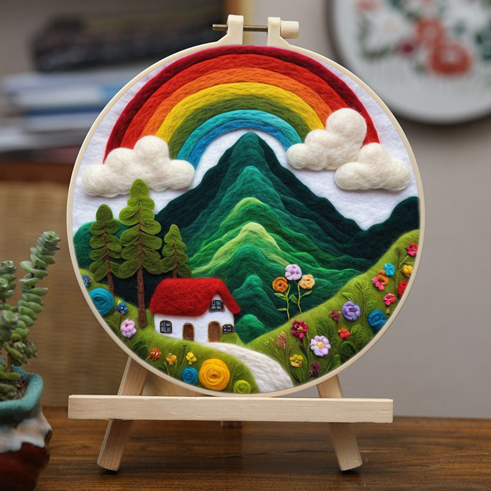 Peaceful Mountain Home Under Rainbow Wool Needle Felting Painting Kit