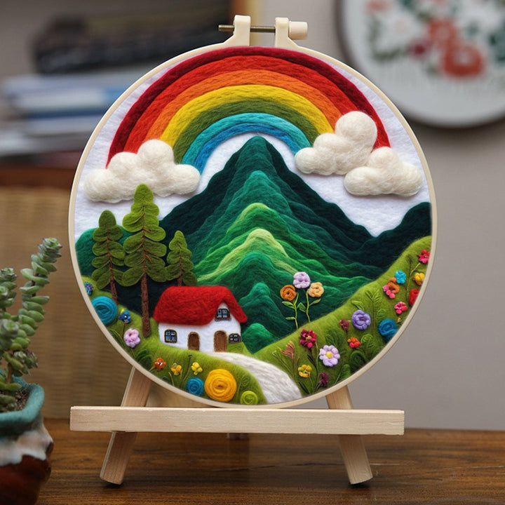 Peaceful Mountain Home Under Rainbow Wool Needle Felting Painting Kit