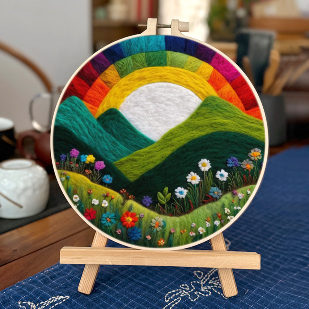 Hills and Wildflowers Under a Rainbow Sky Wool Needle Felting Painting Kit