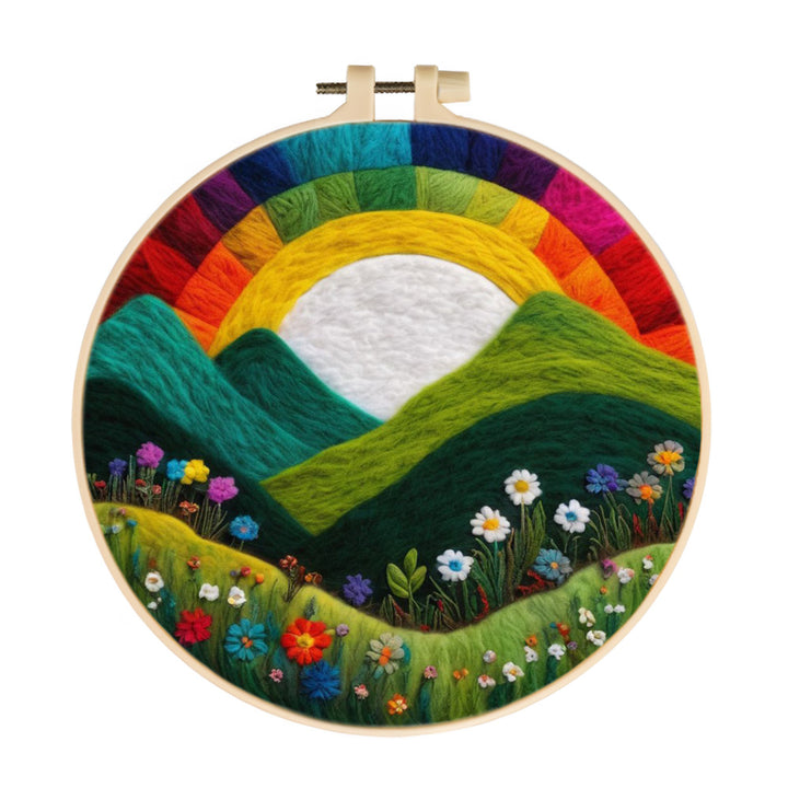Hills and Wildflowers Under a Rainbow Sky Wool Needle Felting Painting Kit
