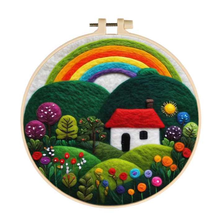 Bright Hills and a Home Under Rainbow Skies Wool Needle Felting Painting Kit