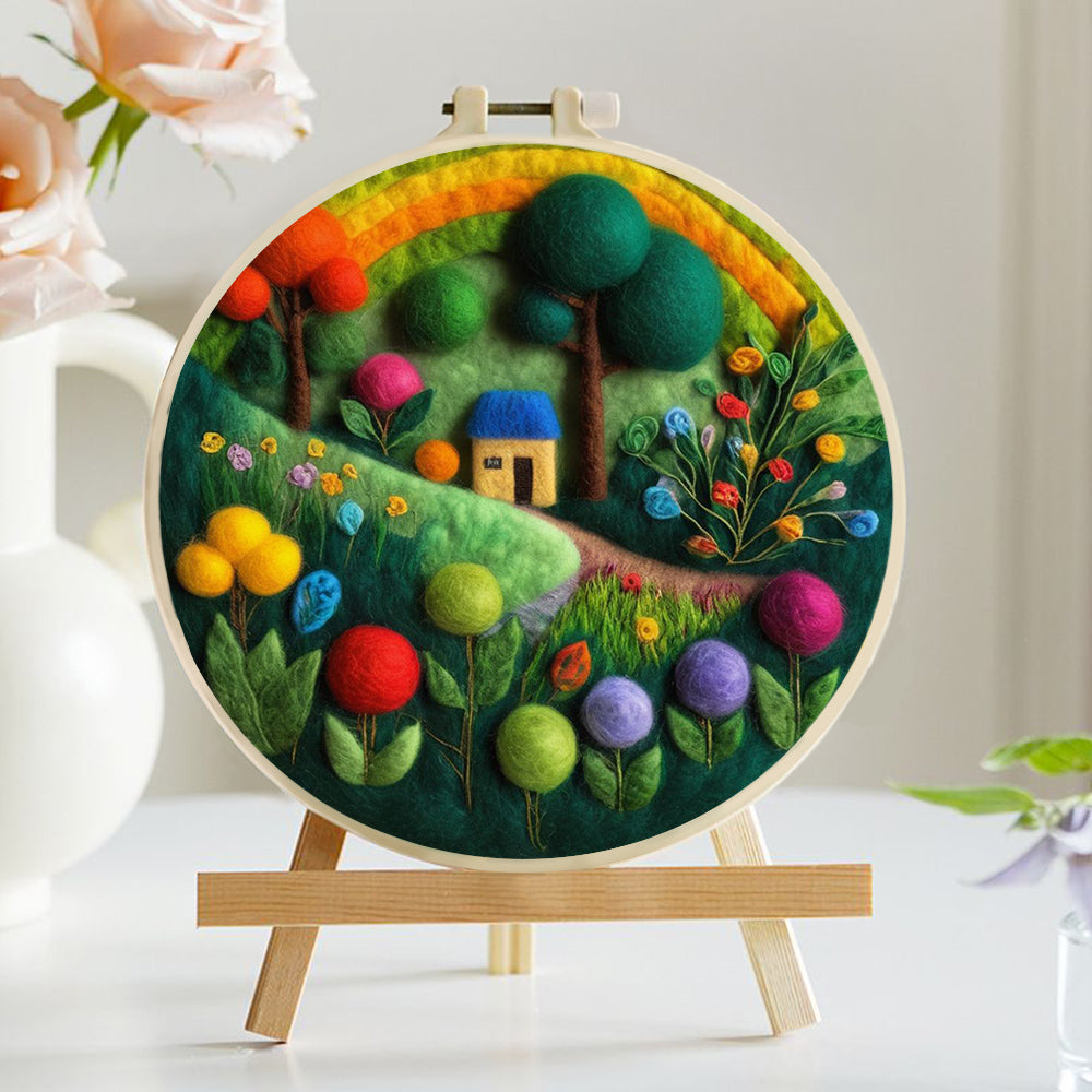 House and Flowers Under the Rainbow Wool Needle Felting Painting Kit