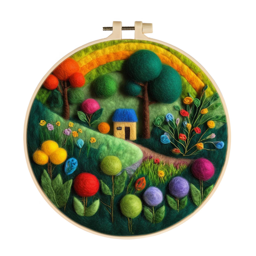 House and Flowers Under the Rainbow Wool Needle Felting Painting Kit