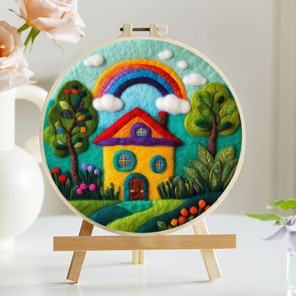 House with a Rainbow and Blossoms Wool Needle Felting Painting Kit