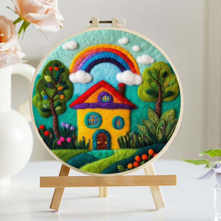 House with a Rainbow and Blossoms Wool Needle Felting Painting Kit