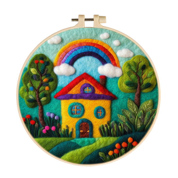 House with a Rainbow and Blossoms Wool Needle Felting Painting Kit