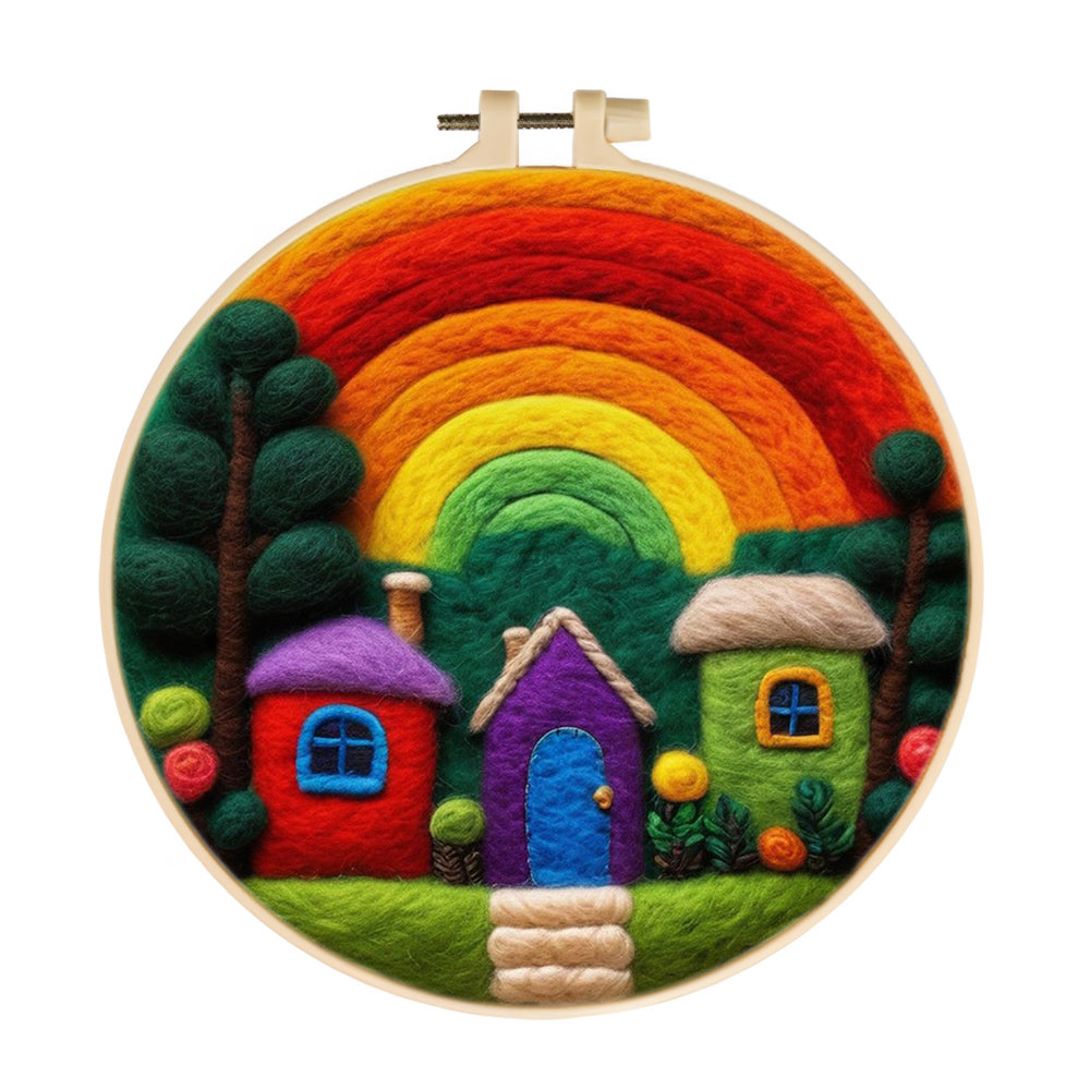 Colorful Rainbow Over Cozy Homes Wool Needle Felting Painting Kit