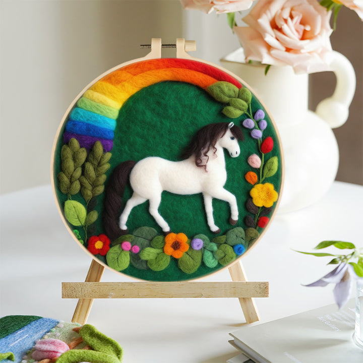 A White Horse Standing Beneath Rainbow Wool Needle Felting Painting Kit