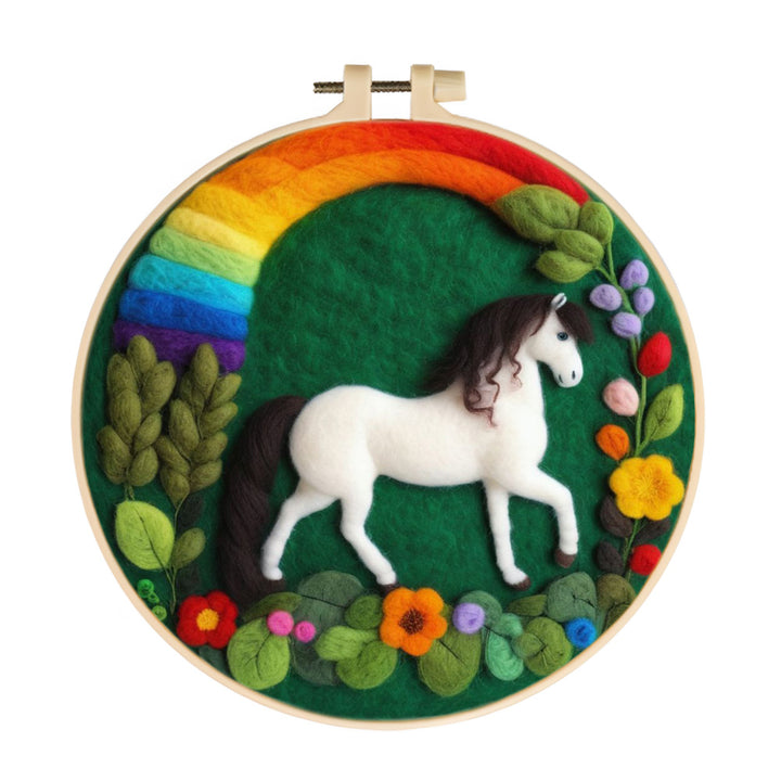 A White Horse Standing Beneath Rainbow Wool Needle Felting Painting Kit